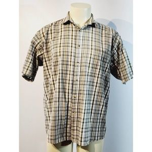 Vintage Men's U.S. Eagle Beige/Green Plaid Button Down Short Sleeve Shirt XL